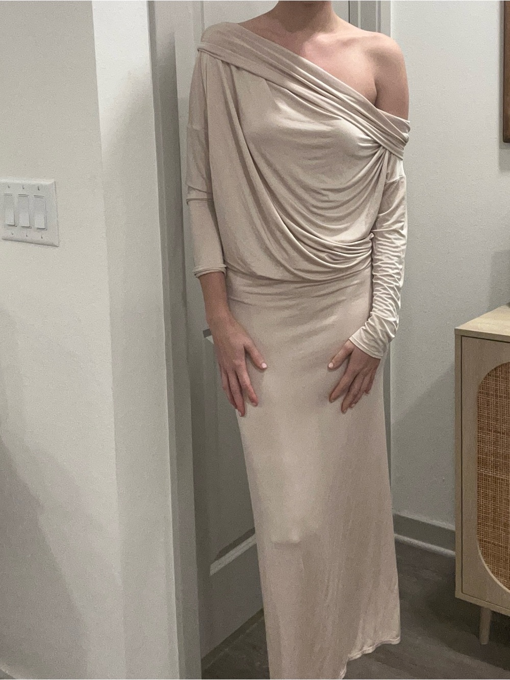 Lapointe Off-Shoulder Long Sleeve Maxi Dress in Nude